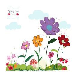 Spring time floral cute background. Colorful spring flowers and mushroom. Spring time background