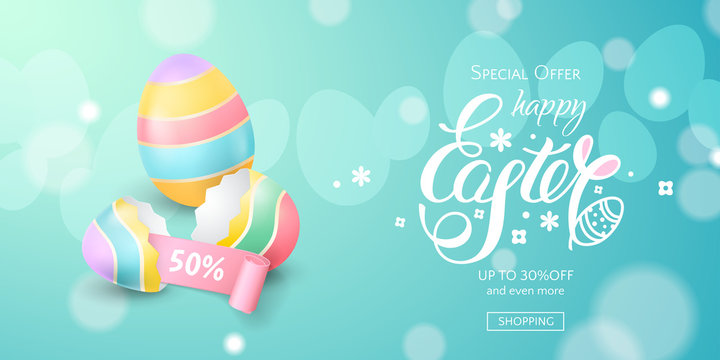 Vector horizontal template for sale banner for Happy Easter with colored eggs, a broken eggshell, bunny ears and a pink ribbon. Holiday blue background for design of flyers with discount offers.