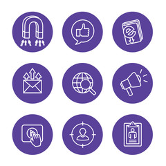 Inbound marketing icon set w magnet, social, email, and promotion