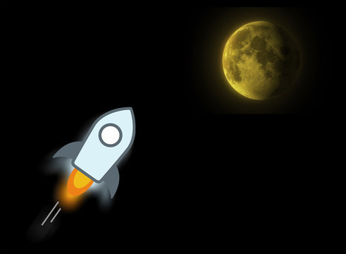 Stellar lumens icon and moon, conceptual trading of an explosive increase value of the digital coin on black background