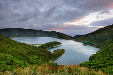 Natural amazing landscape at sunset. Fogo Lagoon on the island of Sao Miguel. Azores are one of the main Easter and Summer holiday destinations in Portugal, ocated between Europe and America.