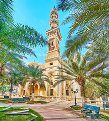 The shady garden at Abu al-Abbas al-Mursi Mosque, Alexandria, Egypt
