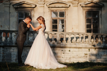 Fabulous wedding couple posing in front of an old medieval castle in the countryside on a sunny day. © AS Photo Family