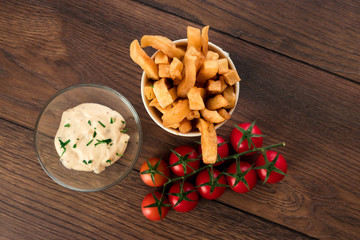 French fries in a glass top view Fast food.
