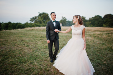 Happy wedding couple dancing in the meadow on their lovely wedding day in the summer.