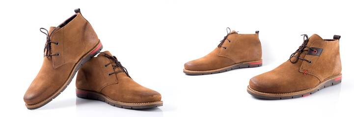 Male brown leather shoe on white background, isolated product, comfortable footwear.