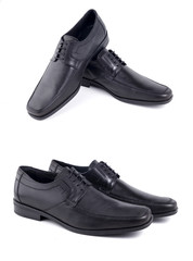 Male black leather elegant shoe on white background, isolated product, comfortable footwear.