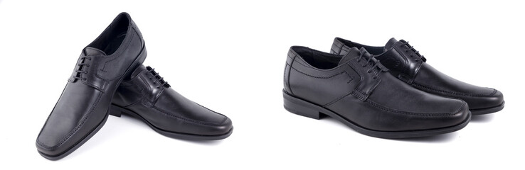 Male black leather elegant shoe on white background, isolated product, comfortable footwear.