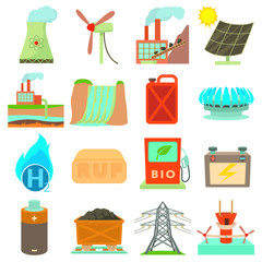 Energy sources items icons set, cartoon style