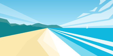 Fototapeta na wymiar Vector illustration: Geometric graphic summer landscape with ocean tropical beach.