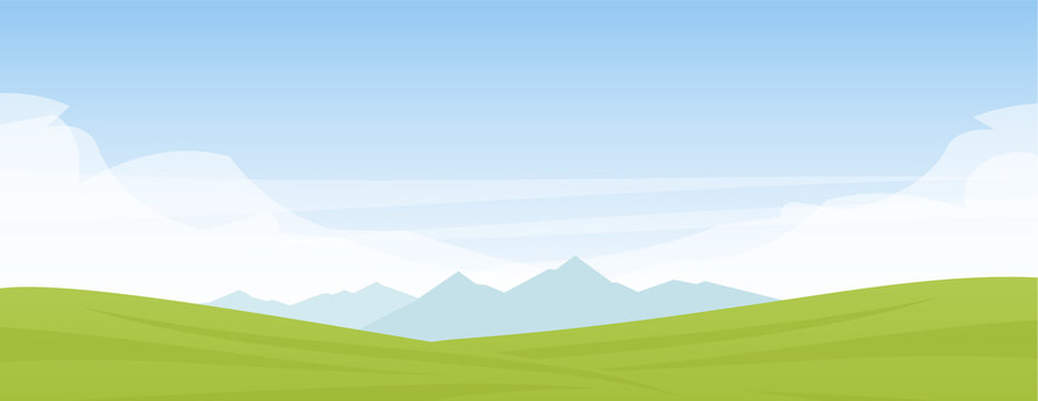 Vector illustration: Summer panoramic cartoon flat landscape with mountains, hills and green field.