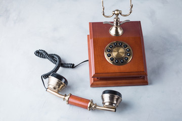 retro phone, wooden, old, telephone on a gray table