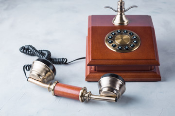 retro phone, wooden, old, telephone on a gray table