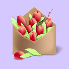Tulips of red color in the paper envelope with springs and one flower separately lying