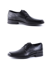 Male black leather elegant shoe on white background, isolated product, comfortable footwear.
