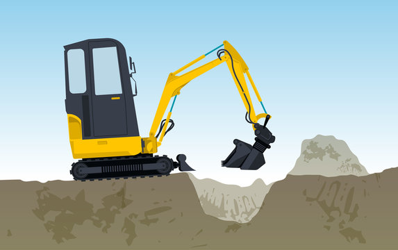 Yellow excavator digs hole. Bagger is excavating, ground works. Construction machinery in action. Construction machine works on foundation. Flatten banner, illustration master vector.