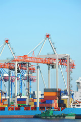 Port cargo crane, ship and container