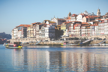 Fototapeta na wymiar Douro river and Ribeira from roofs at Vila Nova de Gaia, Porto, Portugal.