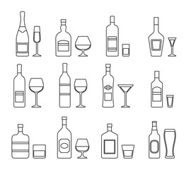 Outline icons of alcohol bottles beverages and glasses. Vector illustration.