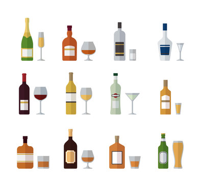 Alcohol bottles and glasses. Icons set. Vector illustration.