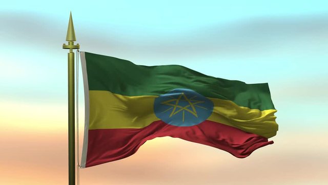National Flag of  Ethiopia  waving in the wind against the sunset sky background slow motion Seamless Loop Animation