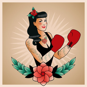 Emblem of pinup boxing girl, with flowers, tattoos and boxing gloves. Retro style. Tattoo style