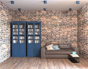 3d rendering of loft living room with bibliotheca and brick walls