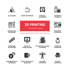 3D printing - line design silhouette icons set