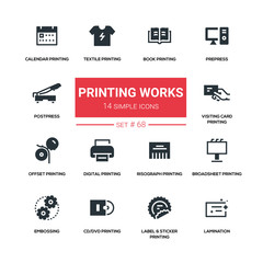 Printing works - line design silhouette icons set