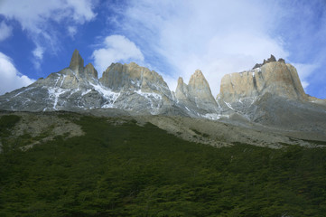 Scenic view of mountains and trees in Torres del Paine National Park, Patagonia, Chile