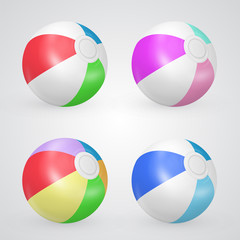 3d realistic beach balls vector set, colorful striped toys isolated on white, summer inflatable accessories for hot weather theme banners, pool parties, sea resorts, illustrations, ads.