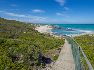 De Hoop Nature Reserve - Wooden walkway leading down to beautiful little bay with coastal vegetation