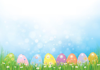 Vector Easter eggs in green  grass,   Easter background.
