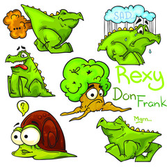 Obraz premium Vector cartoon characters. Dinosaurs and his emotions. Snail and sad tree. Isolated on white background. Colored version. Comics characters.
