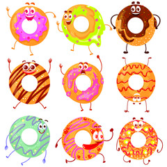 Vector set of donuts. Isolated on white background. Cartoon style.