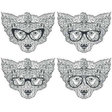 Ornament set of face of dog with fashion eyeglasses and mustache, hipster style, line art, vector illustration isolated on white background