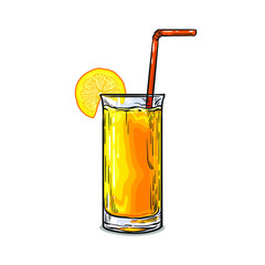 Vector glass of orange juice. Isolated on white background. With tube and slice of orange or lemon.