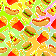 Vector fast food repeat pattern. Burgers, potatoes, hotdogs and pizzas. Isolated on white background.