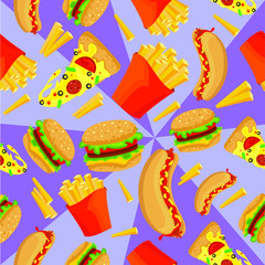 Repeat pattern of fast food on abstract coloring background. Pizza, potatoes, burgers and hotdogs ornament for your clothes or poster.