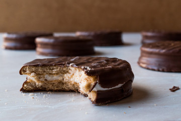 Stack of Bitten Chocolate Covered Marshmallow Biscuits