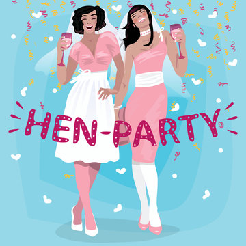 Girls in pink wedding dresses welcome to hen party