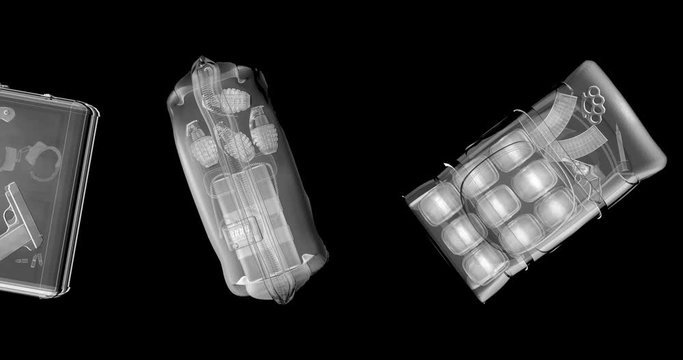 X-ray contraband luggage loop / 3D animation of x-rayed bags containing guns, knives, explosives and drugs