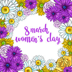 Vector design for women's day card. Many beautiful flower. Happy eight march. Illustration isolated on white background. Can be used for some poster, print or cards.