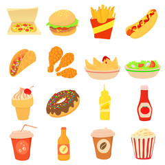 Fast food icons set, cartoon style
