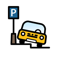 Yellow Passenger Car Parked at Street Side Parking Place. Linear vector illustration with editable line. EPS10