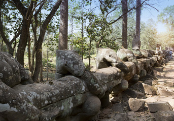 Fototapeta na wymiar road to temple, wood and ruins of statues, 12th century, Cambodia