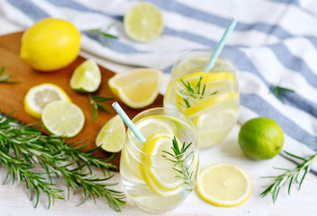 Glasses with Fresh Water Rosemary Lemon Lime Fruits White Background Beverage Healthy Lifestyle