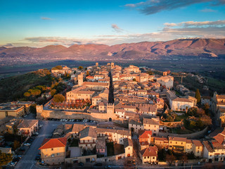 Montefalco, Umbria, Italy. The photo above the town in the sunset light