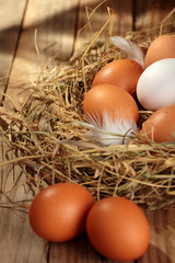 Hen organic eggs in the nest. On wooden rustic background.Closeup