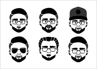 Programmer, webmaster, geek or nerd logo vector set. Cartoon face smart boy with glasses. Icons for education, gaming, technological or scientific applications and sites. Avatar set man face.